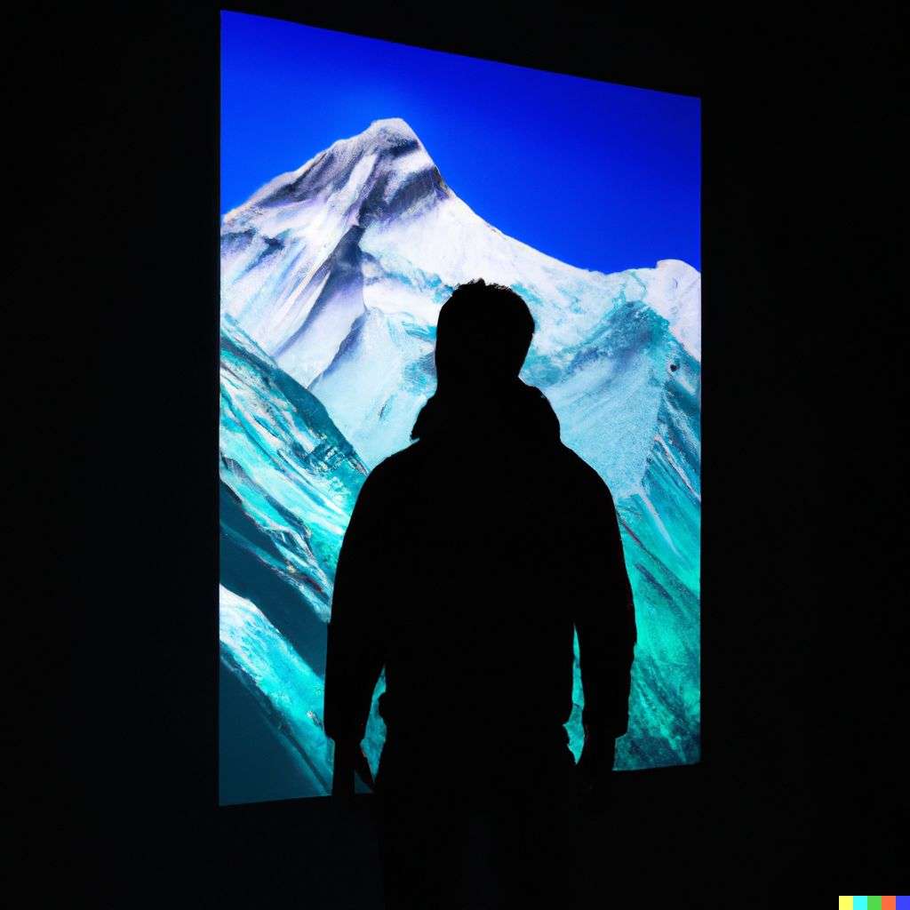 someone gazing at Mount Everest, a hologram projection